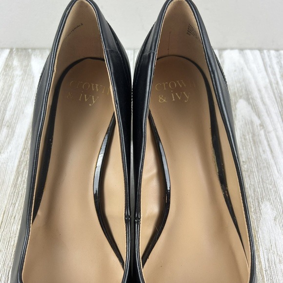 Crown & Ivy Heels Black Leather Career Pumps Tracey Block Heel 8 - Picture 5 of 10